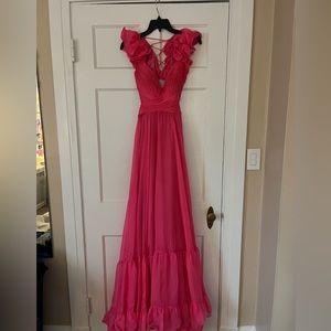 Hot pink Mac Duggal prom dress